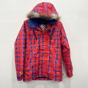 Burton Red Blue Printed Snowboard Jacket Faux Fur Hood Small Dryride
